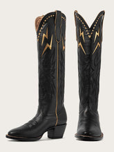 Black Inlay Lightning Embroidered Slip-On Knee High Boots Round Toe Heeled Cowgirl Boots